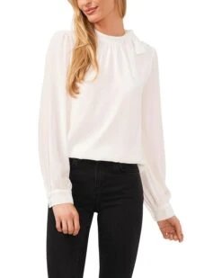 CeCe Long Sleeve Tie Neck Button Shoulder Blouse | Shirts & Tops