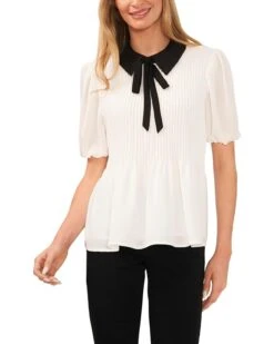 CeCe Collared Puff Sleeve Pin Tuck Blouse with Neck Tie | Shirts & Tops