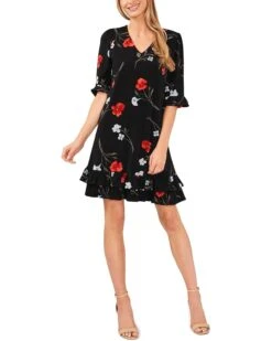 CeCe Floral V-Neck Knit Dress W/ Ruffle Hem | Dresses