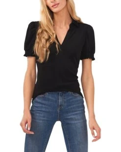 CeCe Short Sleeve Split-Neck Collared Top | Shirts & Tops -Sleekly Style 716dXr5bXcL. AC SR736920