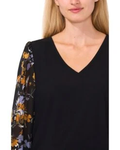 CeCe V Neck Mix Media 3/4 Sleeve Top | Shirts & Tops -Sleekly Style 719XtemZ4YL. AC SR736920