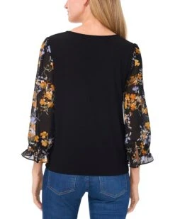 CeCe V Neck Mix Media 3/4 Sleeve Top | Shirts & Tops -Sleekly Style 71CyaV0AZtL. AC SR736920