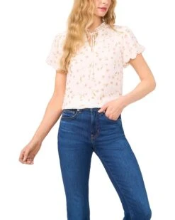 CeCe Bubble Sleeve Split Neck Blouse With Tie | Shirts & Tops