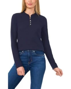 CeCe Long Sleeve Rib Knit Half Placket Top | Shirts & Tops