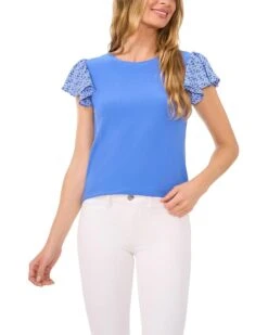 CeCe Mixed Media Flutter Sleeve Knit Top | Shirts & Tops