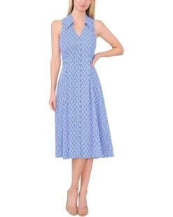 CeCe Printed Sleeveless Collared Belted Midi Dress | Dresses