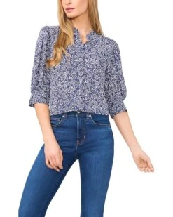 CeCe Open Collar Short Sleeve Top with Hidden Placket | Shirts & Tops