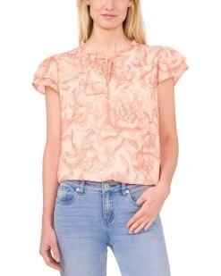CeCe Printed Tie Neck Smocked Shoulder Blouse | Shirts & Tops
