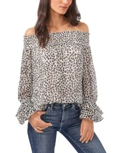 CeCe Off-the-Shoulder Leopard Cluster Smocked Blouse | Shirts & Tops